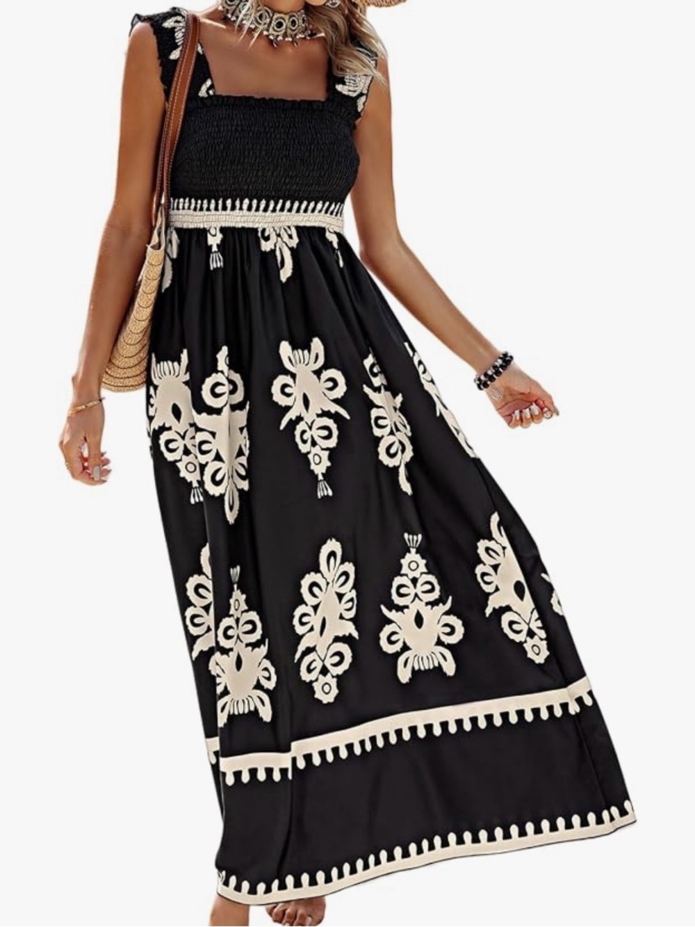 Black Maxi Dress with Cream Floral Embroidery